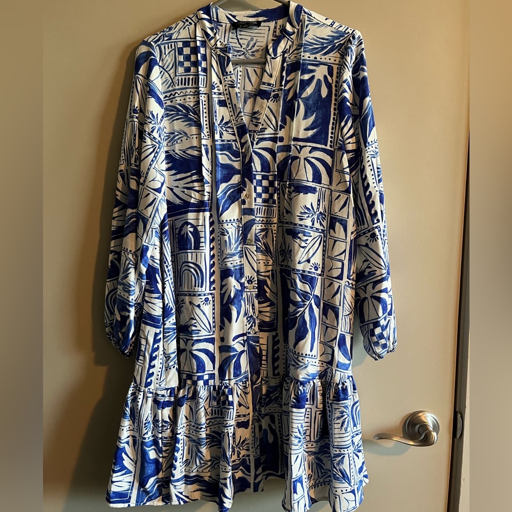 Rachel Zoe Blue and White Printed Button-Front Dress